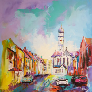 Augsburg Maximilianstraße Gemälde mit St. Ulrich und Afra Kirche – Originales Stadtbild mit Autos von Künstler Denis Lang kaufen