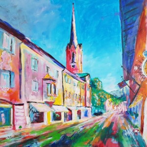 Garmisch-Partenkirchen Gemälde Ludwigstraße – Alpenländische Architektur Kunst in Acryl von Unikay