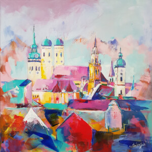 München Gemälde Frauenkirche Alter Peter und Rathaus – Originales Stadtbild handgemalt von Denis Lang kaufen