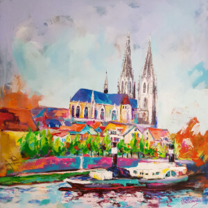 Regensburg Gemälde Dom und Donau mit Schiff – Modernes Stadtbild Acryl von Unikay kaufen