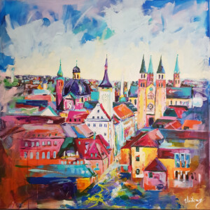 Würzburg Gemälde Altstadt Blick – Original Acrylgemälde in Mischtechnik von Denis Lang (Unikay) kaufen